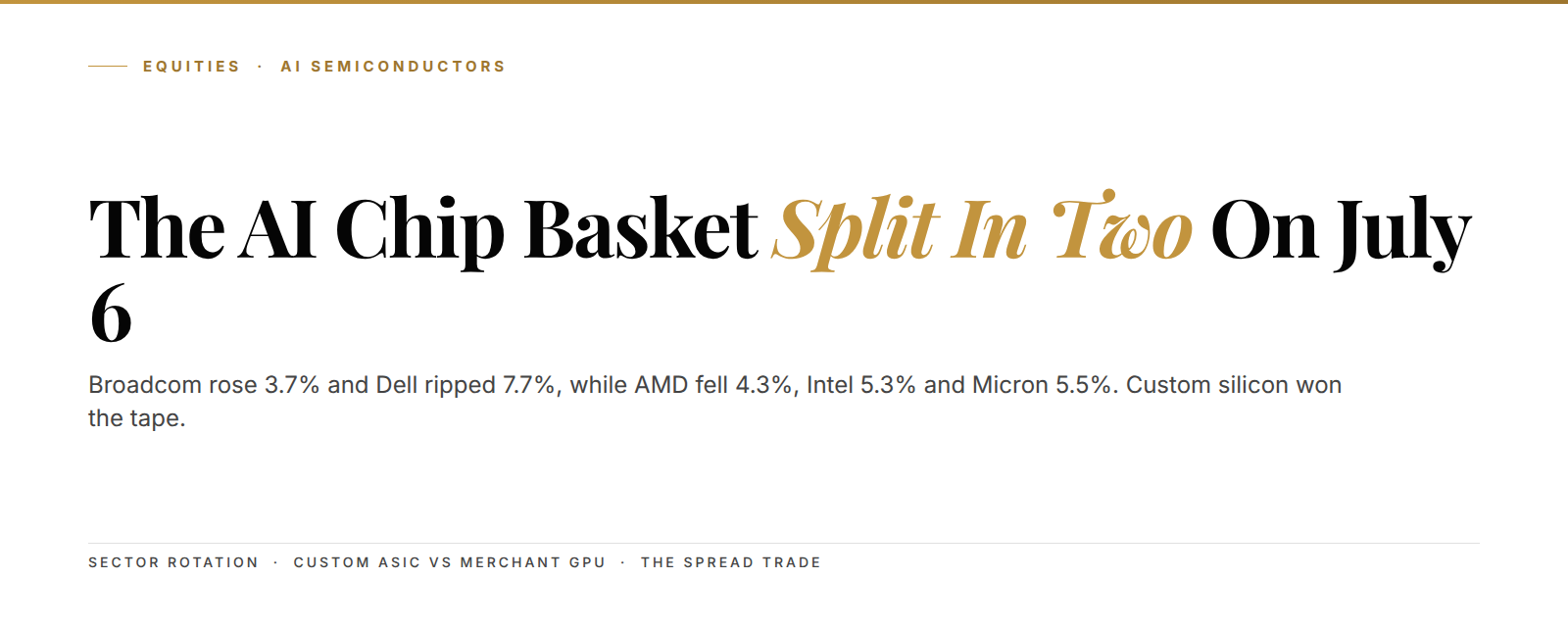 Editorial cover: the AI chip basket split in two on July 6, 2026, Broadcom and Dell up while AMD, Intel and Micron fell.