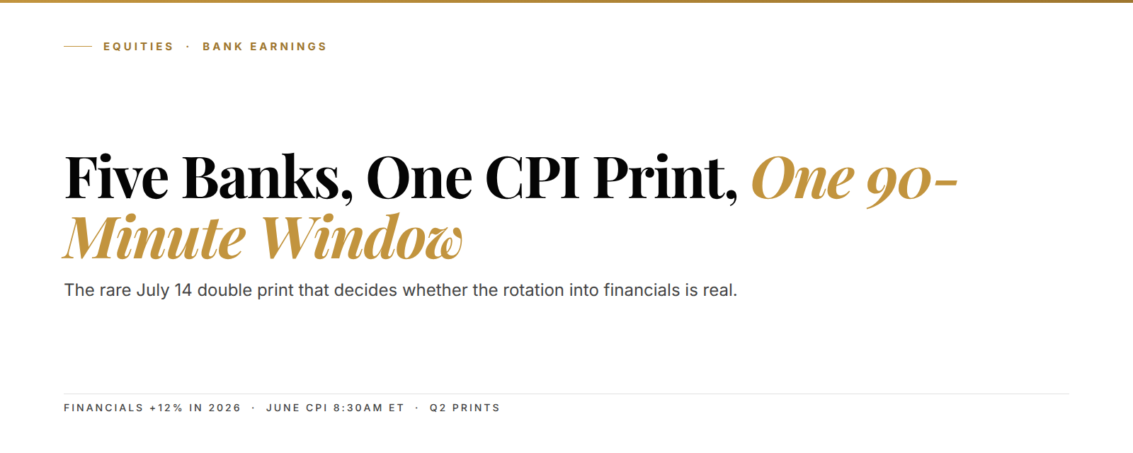 Kunkel Capital cover: five big banks and June CPI print in one 90-minute window on July 14, 2026.