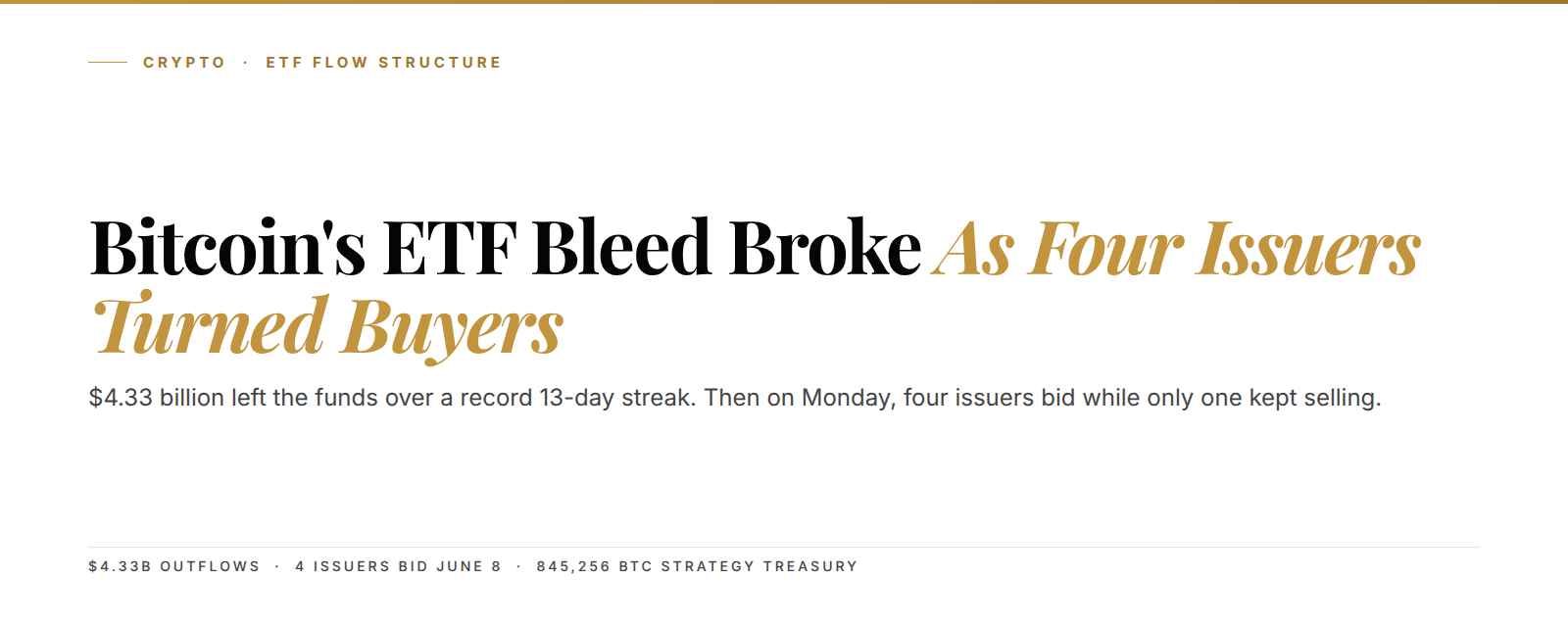 Kunkel Capital cover: Bitcoin's ETF bleed broke as four issuers turned buyers, $4.33B outflows and 845,256 BTC Strategy treasury.