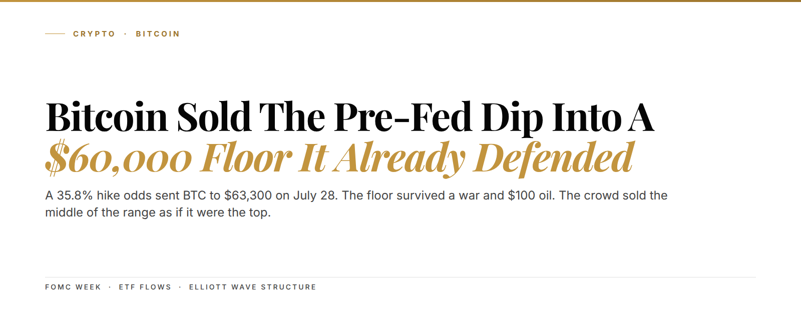 Bitcoin pre-Fed slide to $63,300 into a defended $60,000 floor, Kunkel Capital cover