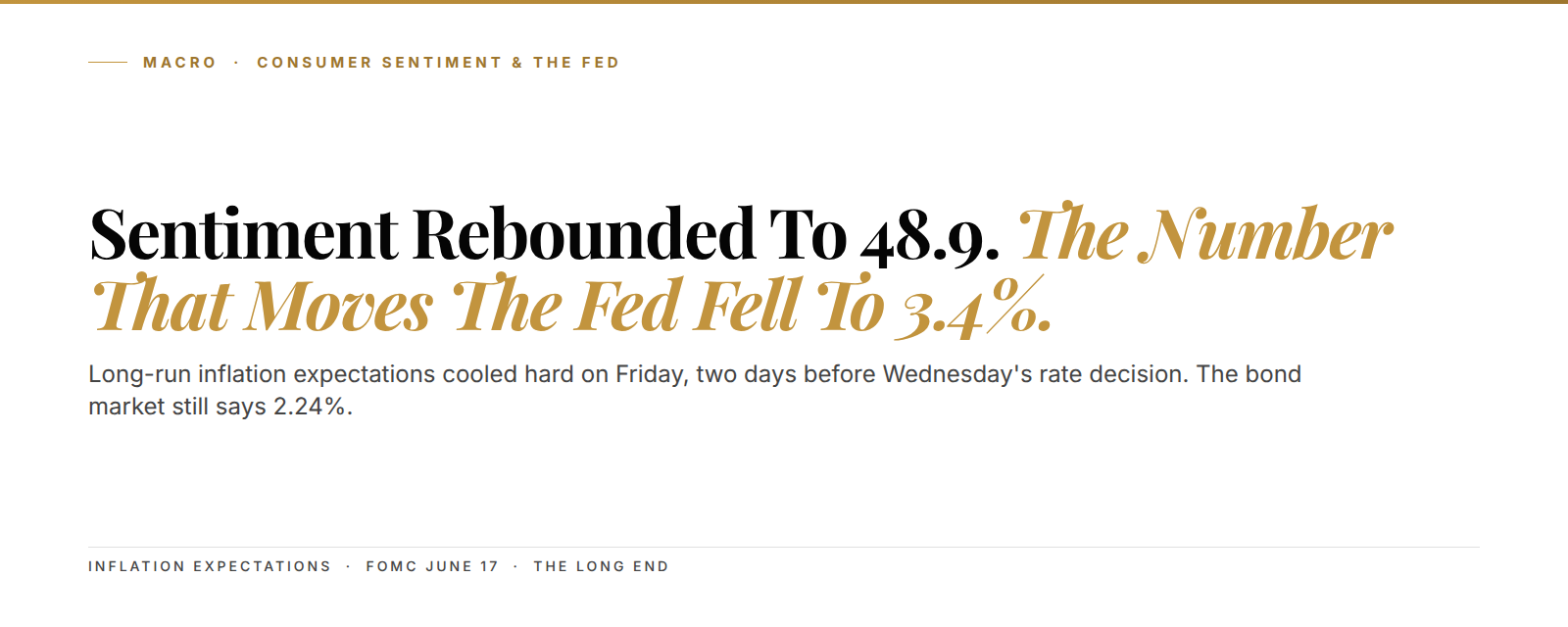 Kunkel Capital cover: consumer sentiment rebounded to 48.9 while long-run inflation expectations fell to 3.4% before the June FOMC decision.