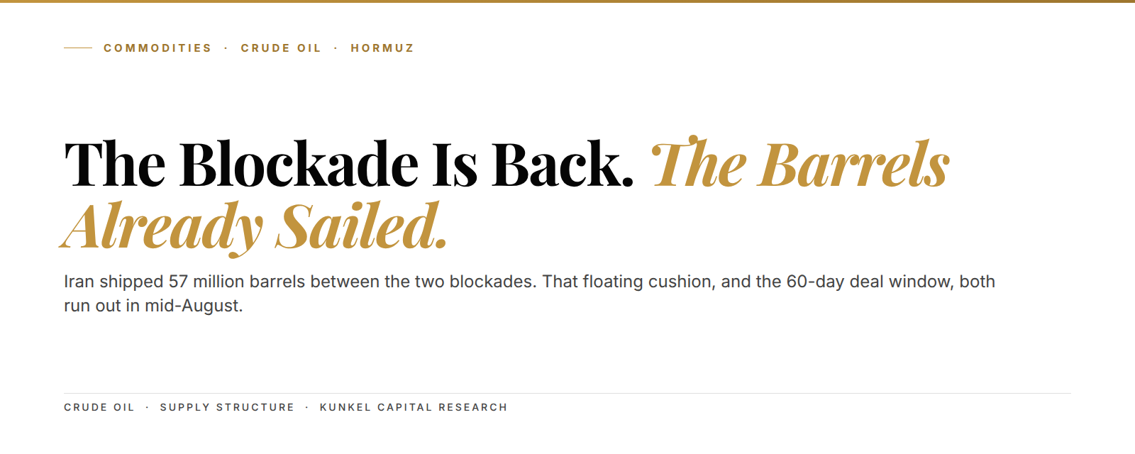 Kunkel Capital cover: the blockade is back, the barrels already sailed. Crude oil Hormuz supply cushion analysis.