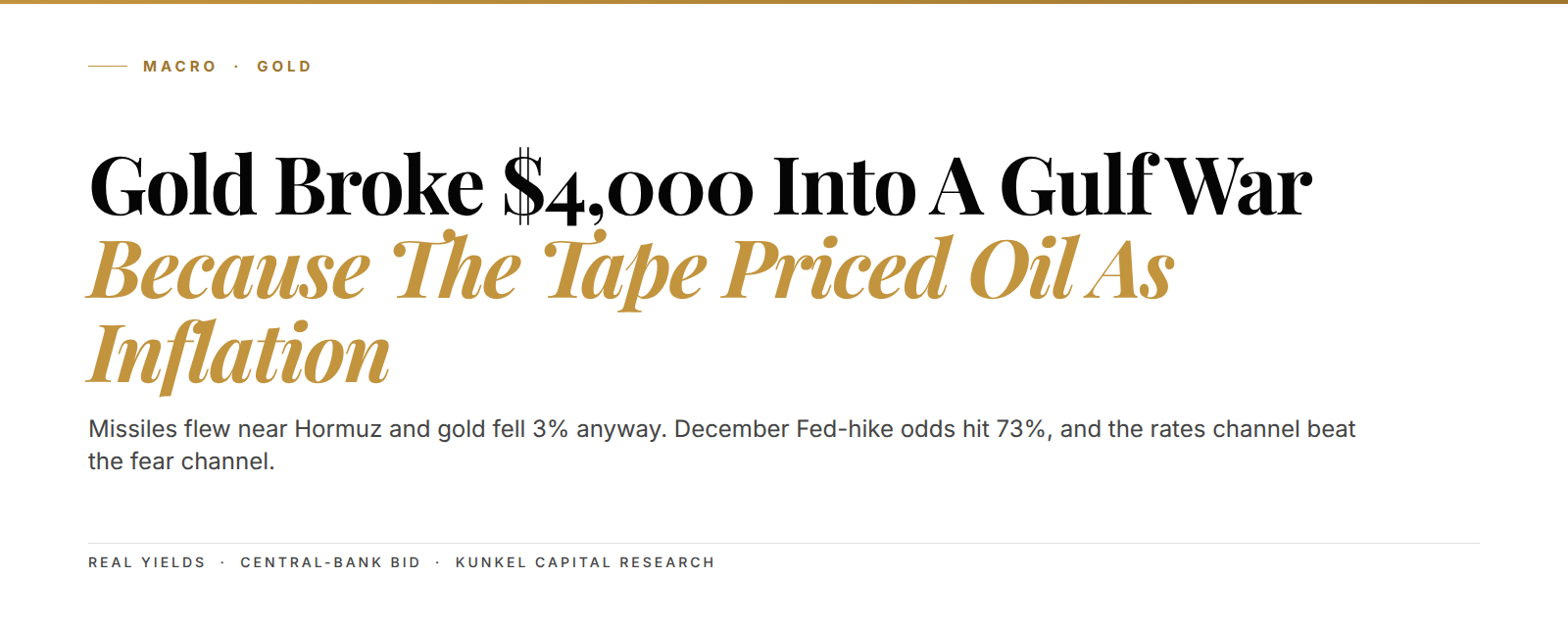 Cover: Gold broke $4,000 into a Gulf war because the tape priced oil as inflation, with December Fed-hike odds at 73%.