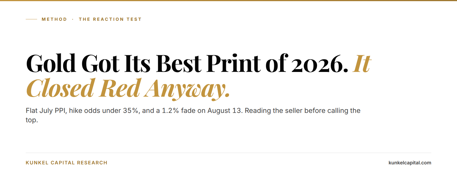 Gold closed red on the flattest producer price print of 2026 while September hike odds collapsed, Kunkel Capital method cover