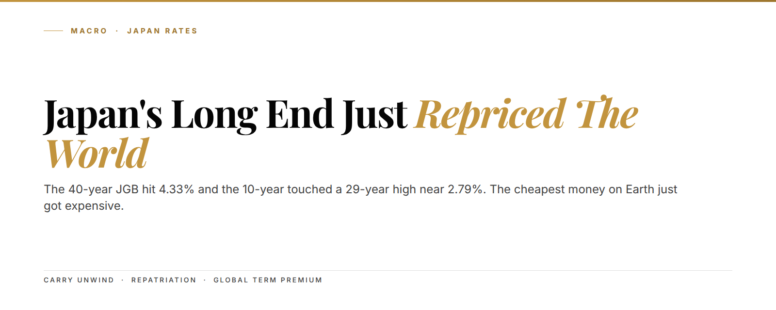 Kunkel Capital macro cover reading Japan's long end just repriced the world, noting the 40-year JGB at 4.33% and the 10-year near a 29-year high of 2.79%