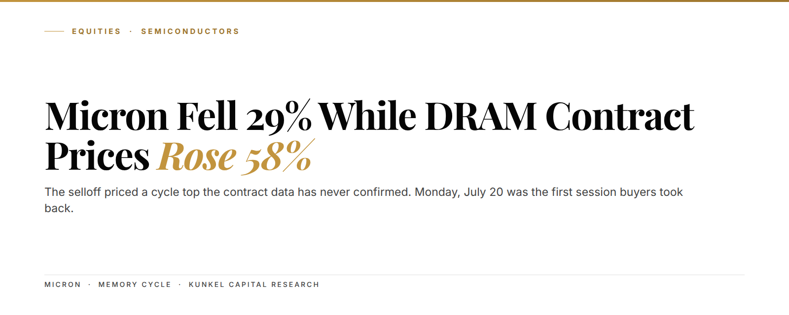 Micron fell 29% from its June 25 record close while DRAM contract prices rose 58% quarter-on-quarter - Kunkel Capital Research cover