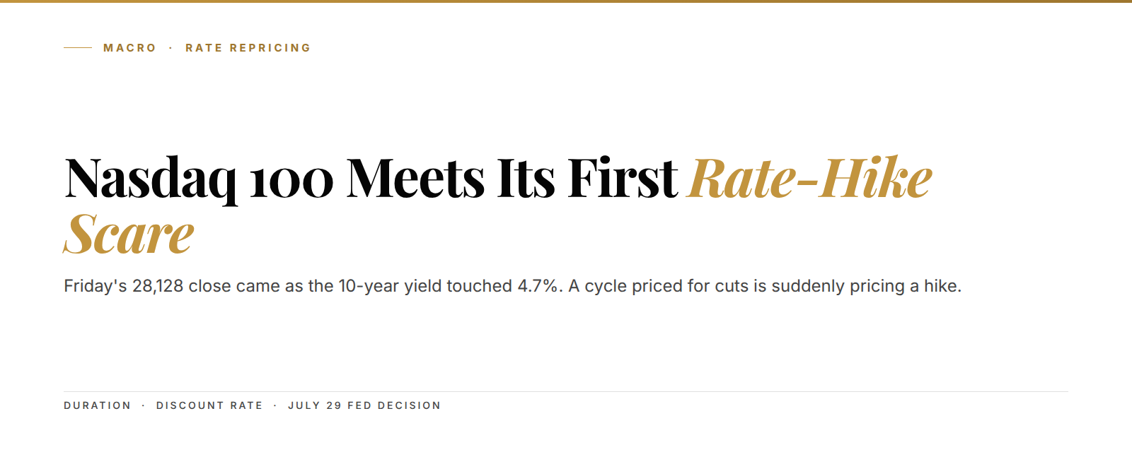 Nasdaq 100 rate-hike scare cover: Friday's 28,128 close as the 10-year yield touched 4.7%