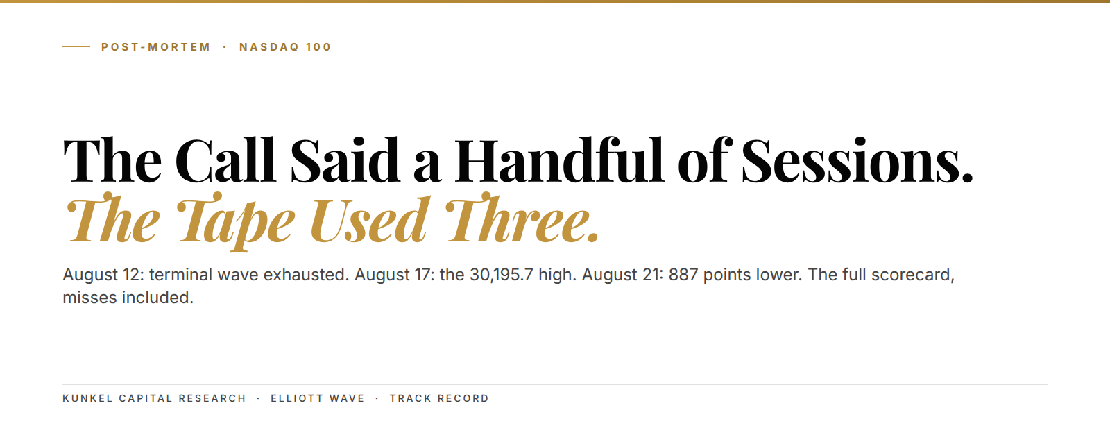 Nasdaq 100 post-mortem: August 12 top call versus the 30,195.7 high printed three sessions later