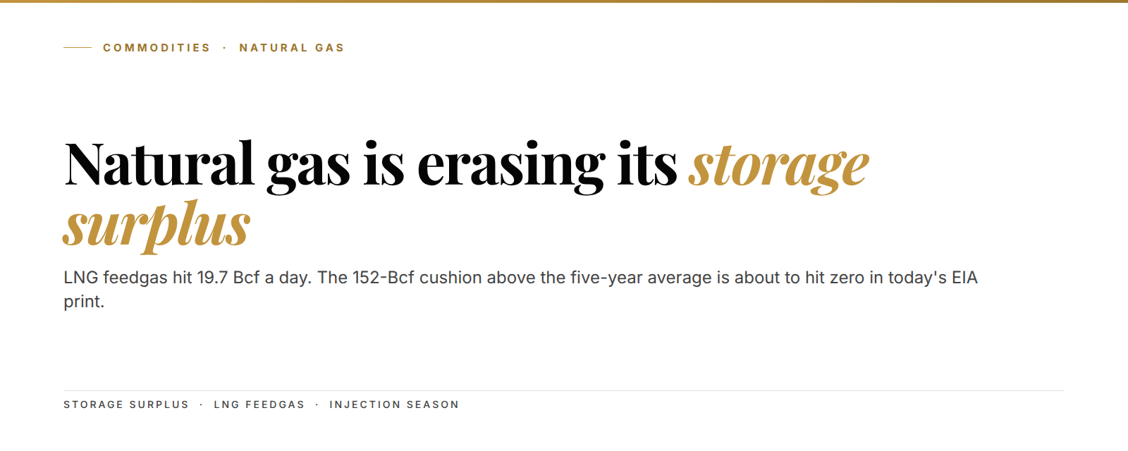 Editorial cover: natural gas erases its storage surplus as LNG feedgas hits 19.7 Bcf a day