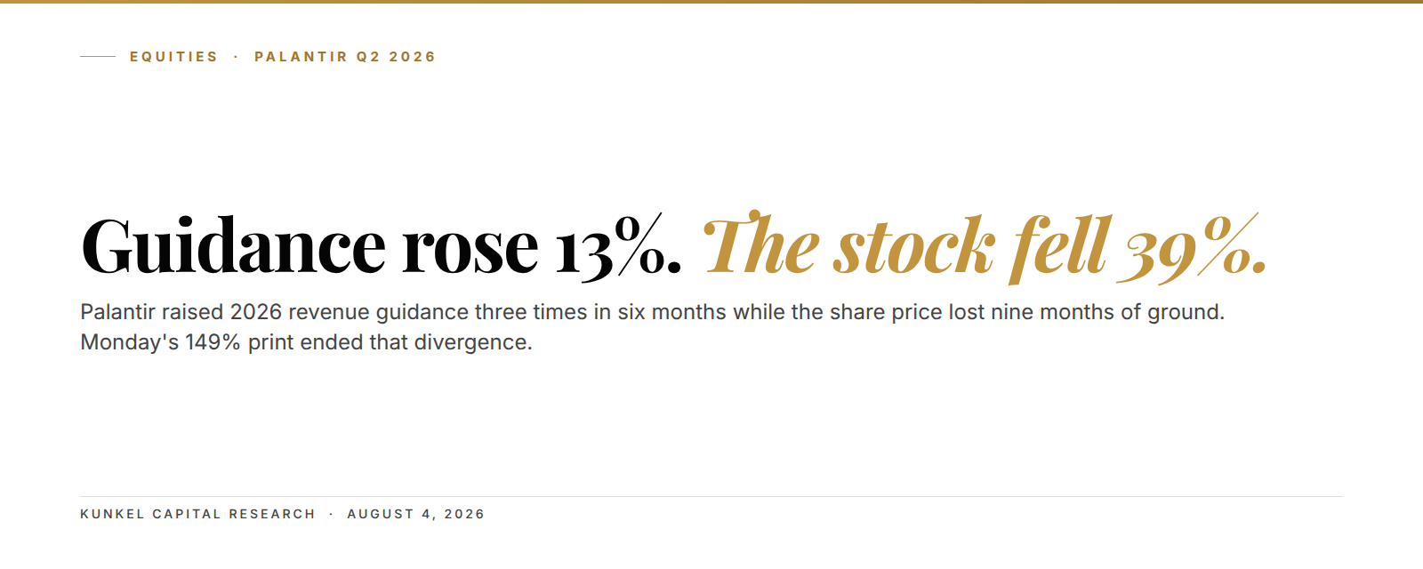 Kunkel Capital cover: Palantir guidance rose 13% while the stock fell 39%