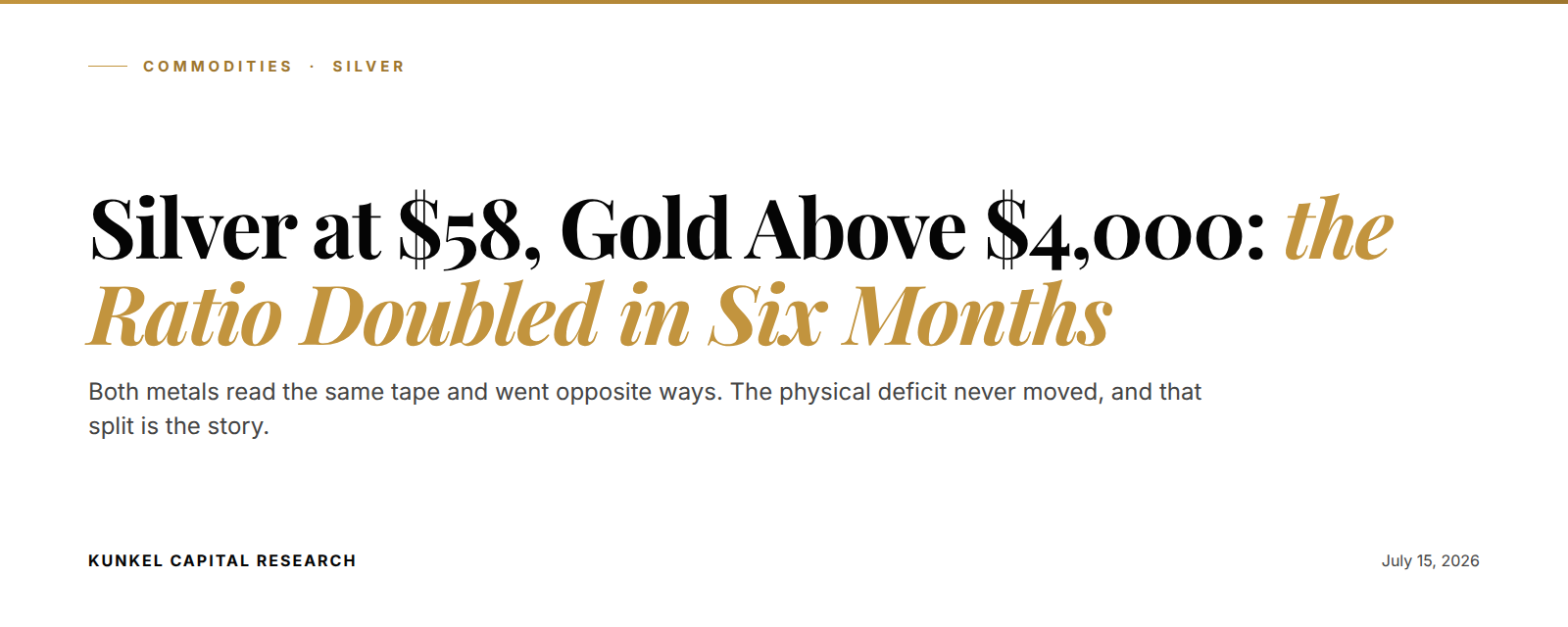 Silver at 58 dollars versus gold above 4000: the gold-silver ratio doubled in six months